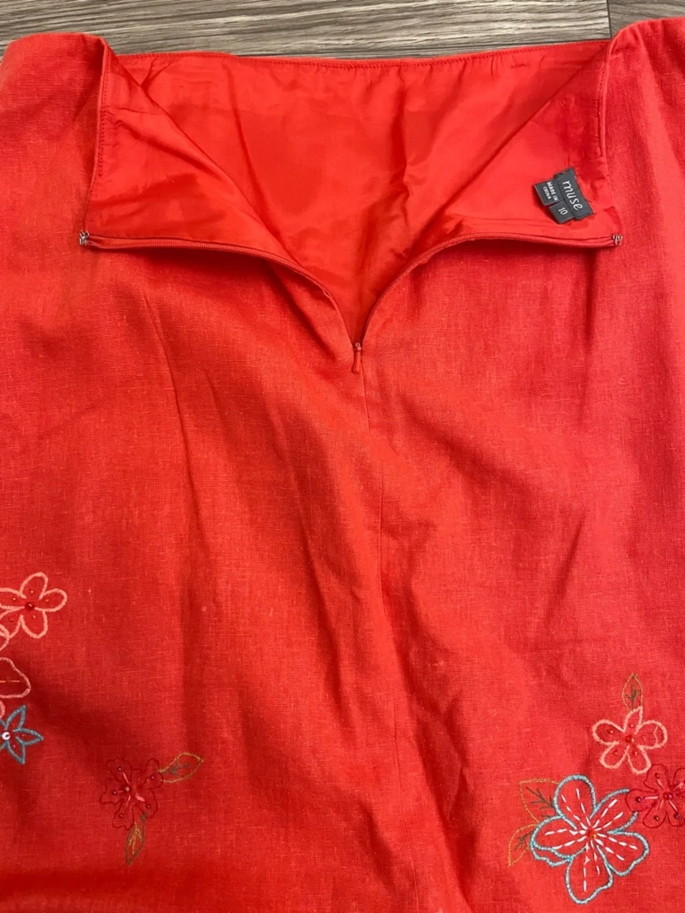 Muse Vintage Orange Linen Embroidered Asymmetrical Fringe Hem Midi Skirt - Picture 6 of 12